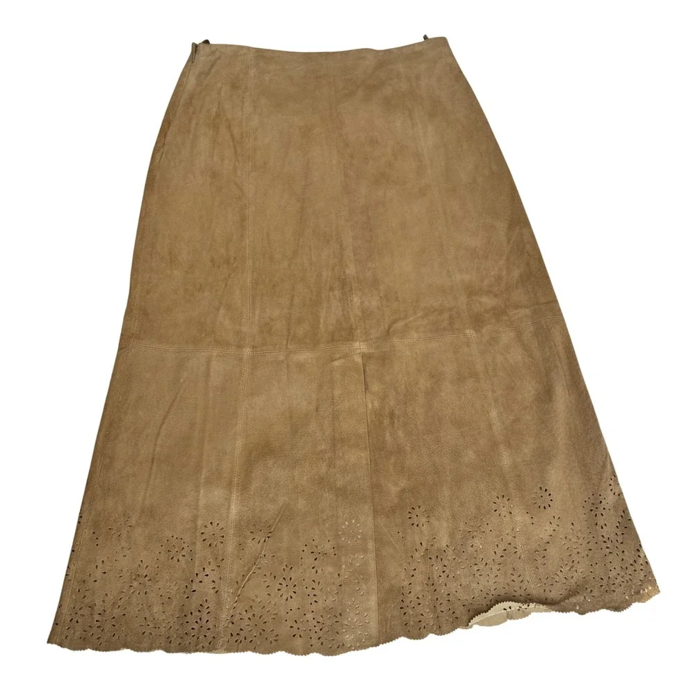 Coldwater Creek Suede Midi‎ Skirt Tan Laser Cut Romantic Western Women 12P
